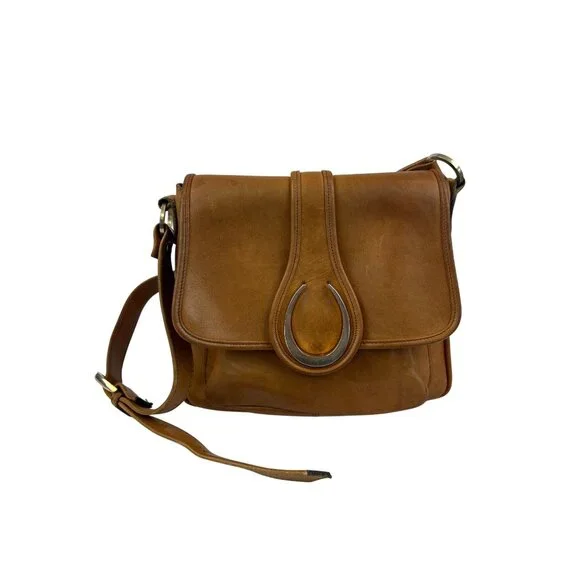 Vintage Tan Leather Crossbody Bag Gold Horseshoe Adjustable Strap - Picture 1 of 14